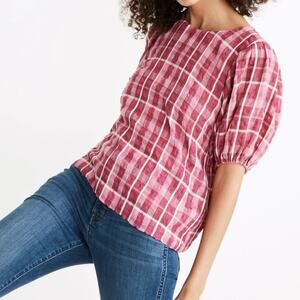 Madewell Plaid Puff Sleeve Top Pink White Azalea Round Neck Barbiecore XL
